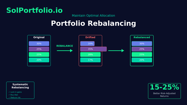 Solana portfolio rebalancing visualization showing drift correction from original to drifted to rebalanced allocation