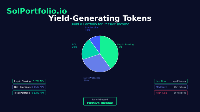 Solana yield-generating tokens portfolio allocation showing liquid staking DeFi protocols and risk-adjusted passive income strategy